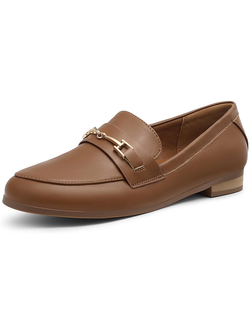 Dream Pairs Tan Leather-Look Slip-On Loafer with Gold Bit